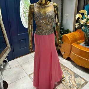Size 0 Pink Beaded Mermaid Gown with Illusion Neckline NWT